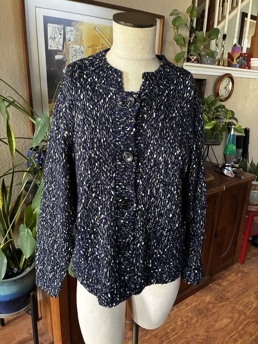 J.Jill Wearever Multiyarn Button Front Sweater Jacket Cardigan Blue White Med